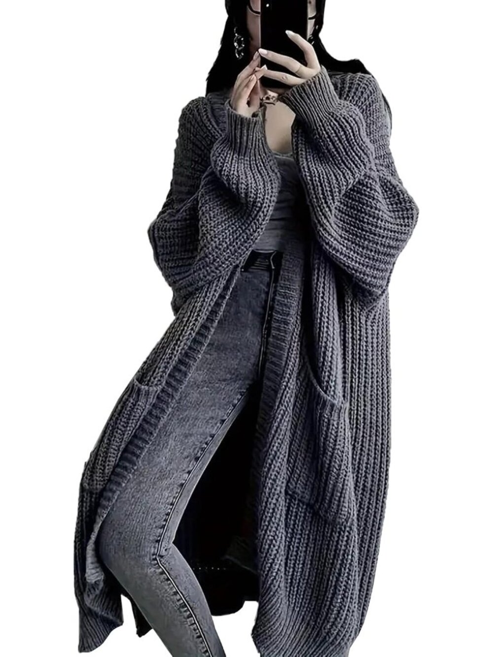 Women's Grey Long Cardigan Sweaters Chunky Knit Open Front Pockets Duster Coats